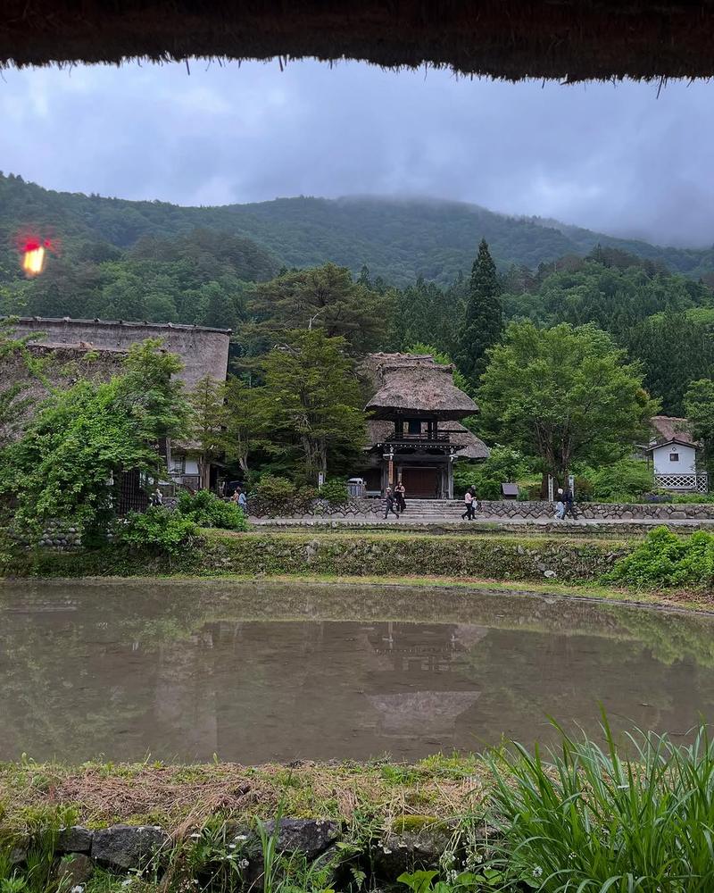 お店の窓から見た、水を張った田植え前の田んぼ